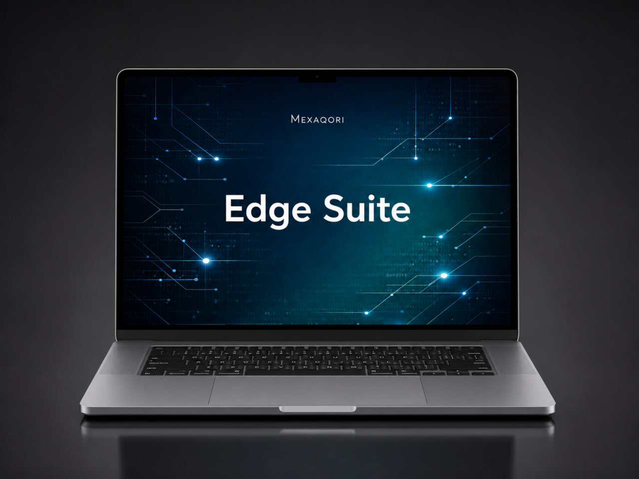 A silver laptop shown open against a dark studio background, with the screen displaying the text 'MEXAQORI Edge Suite' over a glowing blue circuit-style graphic.