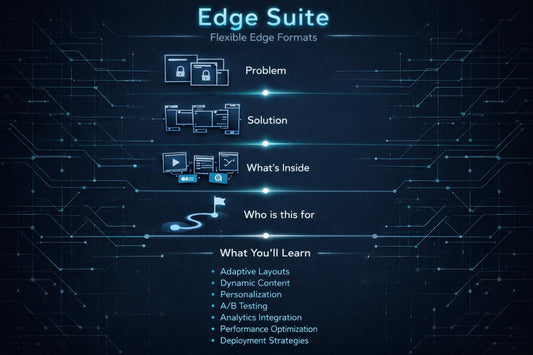 A digital presentation slide titled 'Edge Suite' with a dark blue circuit-board background and glowing blue text and line graphics. The slide outlines a flexible edge format structure with labeled sections: Problem, Solution, What's Inside, Who is this for, and What You'll Learn, each accompanied by simple icons.