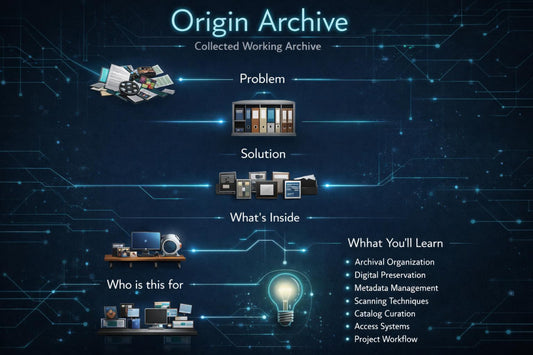 Promotional graphic for 'Origin Archive' with a dark blue tech-style background, showing labeled sections for Problem, Solution, What's Inside, Who is this for, and What you'll learn, with small illustrative icons and a glowing lightbulb.