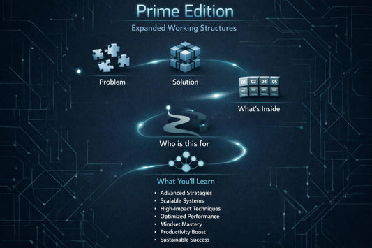A dark blue technology-themed infographic titled 'Prime Edition' with the subtitle 'Expanded Working Structures.' The diagram shows labeled icons and text blocks reading 'Problem,' 'Solution,' 'What's Inside,' 'Who is this for,' and 'What You'll Learn,' connected by glowing curved lines on a circuit-board background.