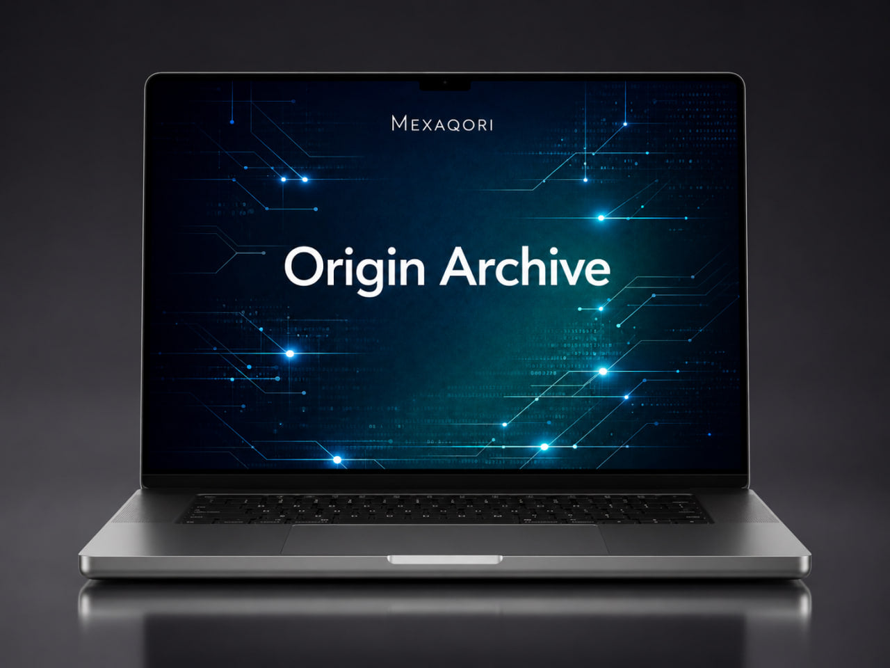 A silver laptop on a dark reflective surface, displaying a blue tech-themed screen with the text 'MEXAQORI' and 'Origin Archive'.