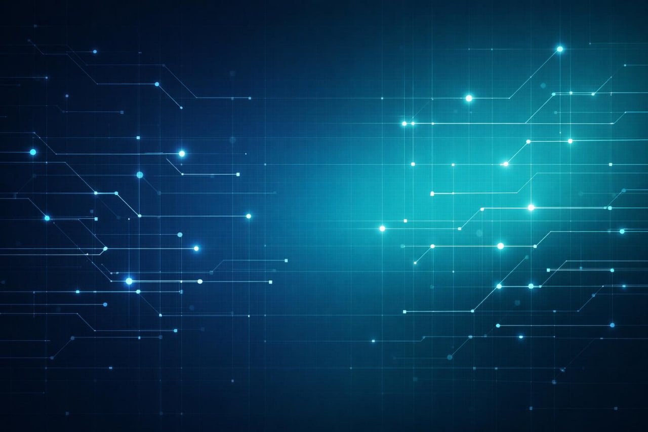 A digital background featuring a glowing blue and cyan circuit board pattern with bright light nodes on a dark navy background.