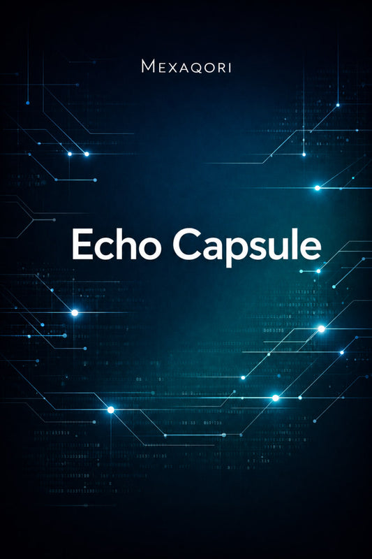 Digital cover art for 'Echo Capsule' by MEXAQORI, featuring white text on a dark teal and black background with glowing blue circuit-like nodes and lines.