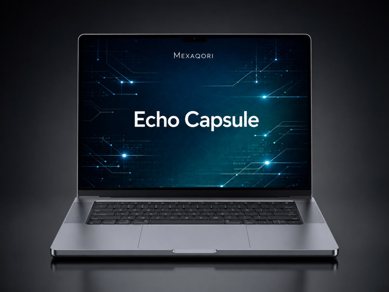 A silver laptop on a dark reflective surface, displaying a blue tech-themed screen with the text 'Echo Capsule' and the brand name 'MEXAQORI' at the top.
