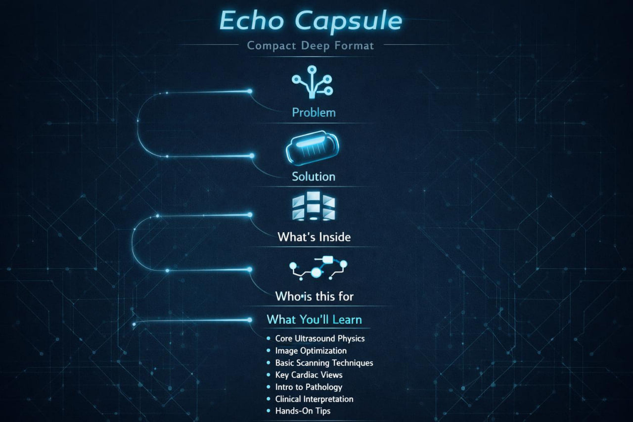 An infographic-style cover graphic for an Echo Capsule product, showing a dark blue background with glowing cyan lines and text. The title reads 'Echo Capsule' at the top, with sections labeled Problem, Solution, What's Inside, Who is this for, and What You'll Learn with a bulleted list.