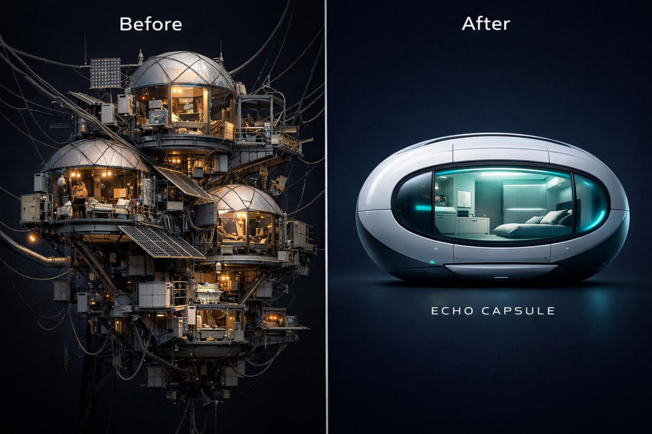 A split comparison image labeled 'Before' and 'After' showing a futuristic pod-like home. The left side shows a complex, cluttered prehistoric-style structure with domes, wires, and internal lights, while the right side shows a sleek, modern oval capsule labeled 'ECHO CAPSULE' with a glowing interior.