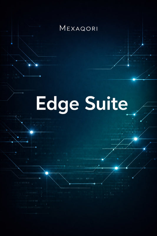 A dark blue and black cover design with glowing cyan circuit-like lines and bright light points, featuring the text 'MEXAQORI' at the top and 'Edge Suite' in large white font in the center.