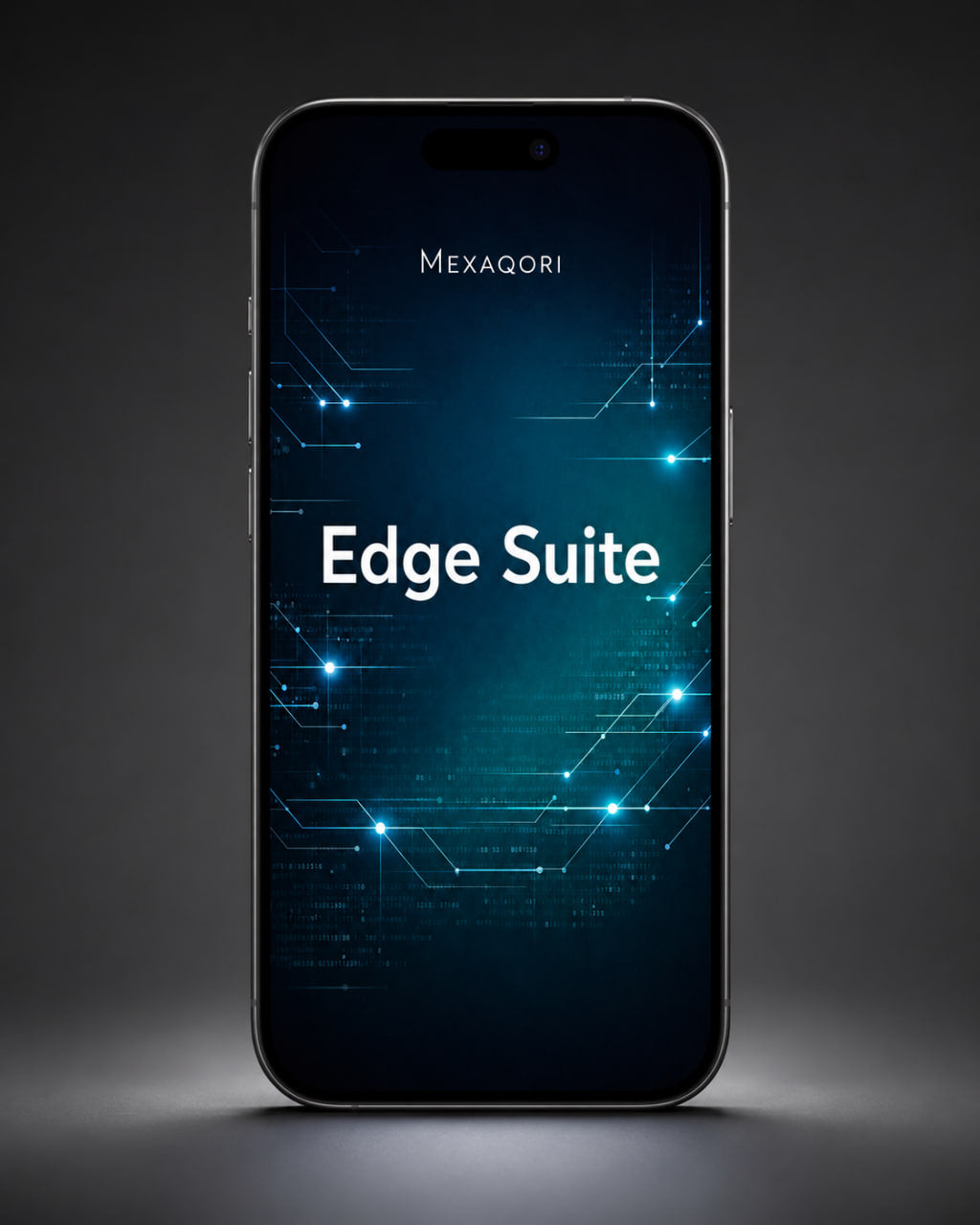 A smartphone centered on a dark gray background, displaying a blue and black tech-style screen with the text 'MEXAQORI' and 'Edge Suite'.