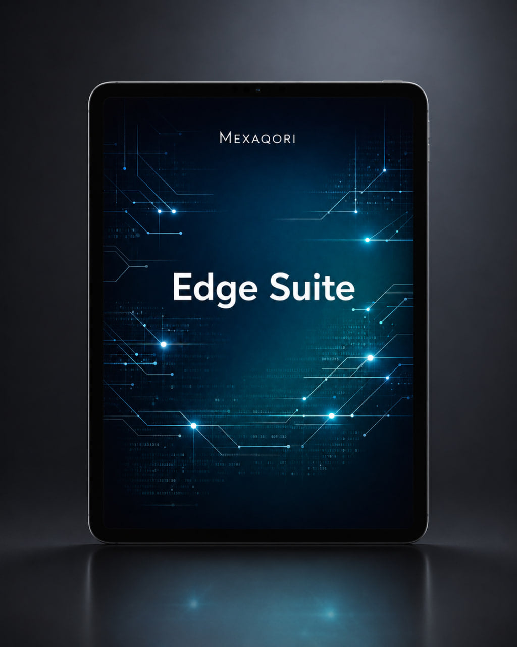 A tablet device shown from the back on a dark studio background, with the screen displaying the text 'MEXAQORI' and 'Edge Suite' over a glowing blue circuit-board style graphic.