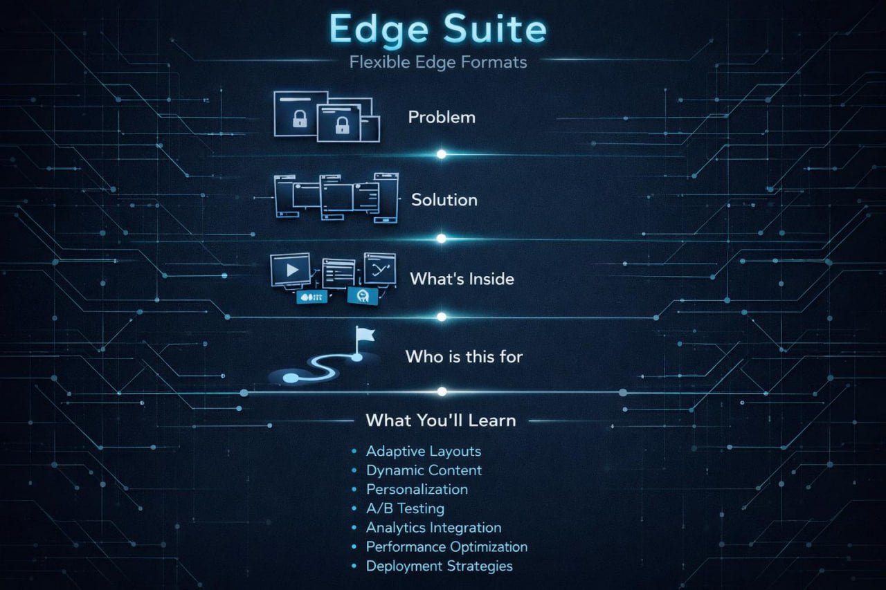 A digital presentation slide titled 'Edge Suite' with a dark blue circuit-board background and glowing blue text and line graphics. The slide outlines a flexible edge format structure with labeled sections: Problem, Solution, What's Inside, Who is this for, and What You'll Learn, each accompanied by simple icons.