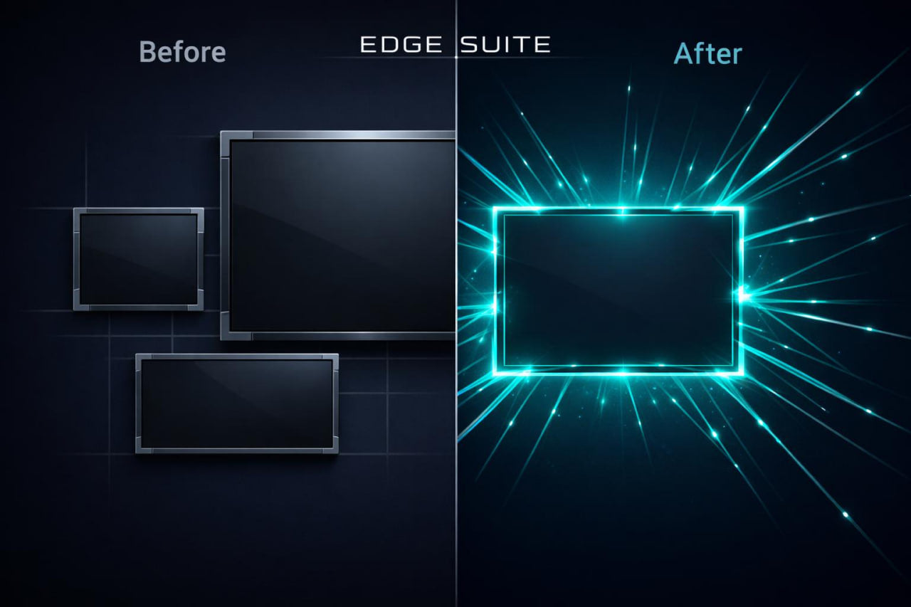 A split-screen comparison graphic labeled 'Before' on the left and 'After' on the right, with the heading 'EDGE SUITE' at the top. The left side shows dark rectangular monitor or screen mockups on a dark background.