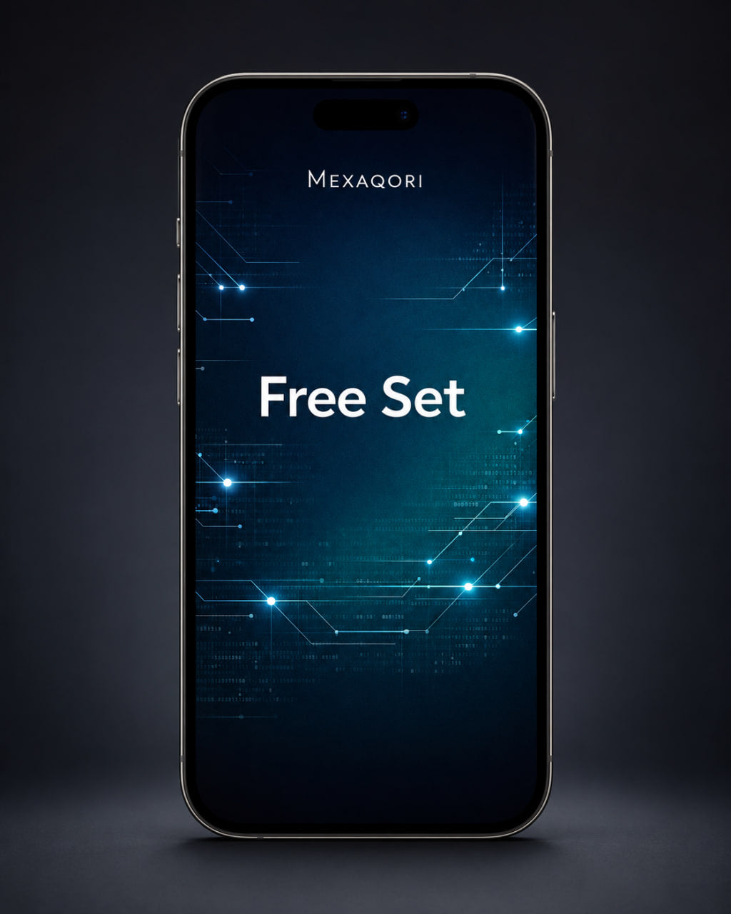 A smartphone centered on a dark studio background, displaying the MEXAQORI brand name and large white text reading 'Free Set' over a glowing blue tech-style screen design.