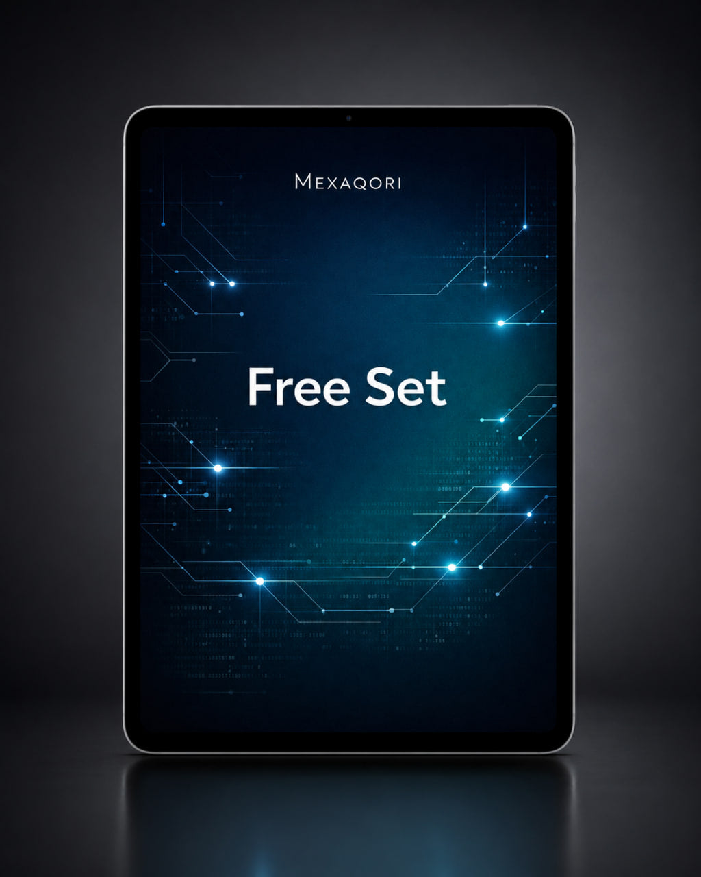 A tablet device centered on a dark studio background, displaying the text 'MEXAQORI Free Set' with a glowing blue tech-style graphic on the screen.