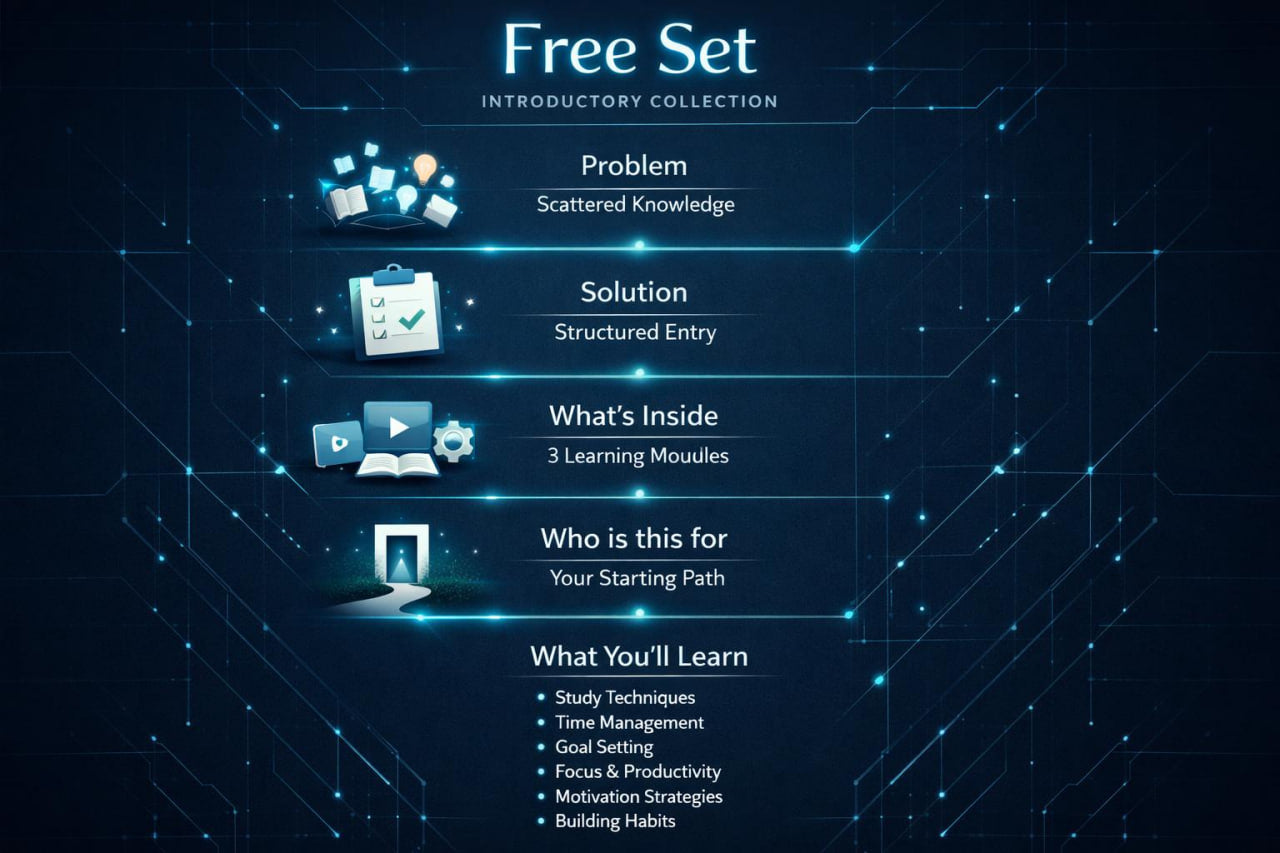 A promotional graphic for a digital course set titled 'Free Set Introductory Collection'. The design features a dark navy blue background with glowing circuit board lines and white text detailing the contents of the introductory collection, including 'Problem', 'Solution', 'What's Inside', and 'Who is this for'.