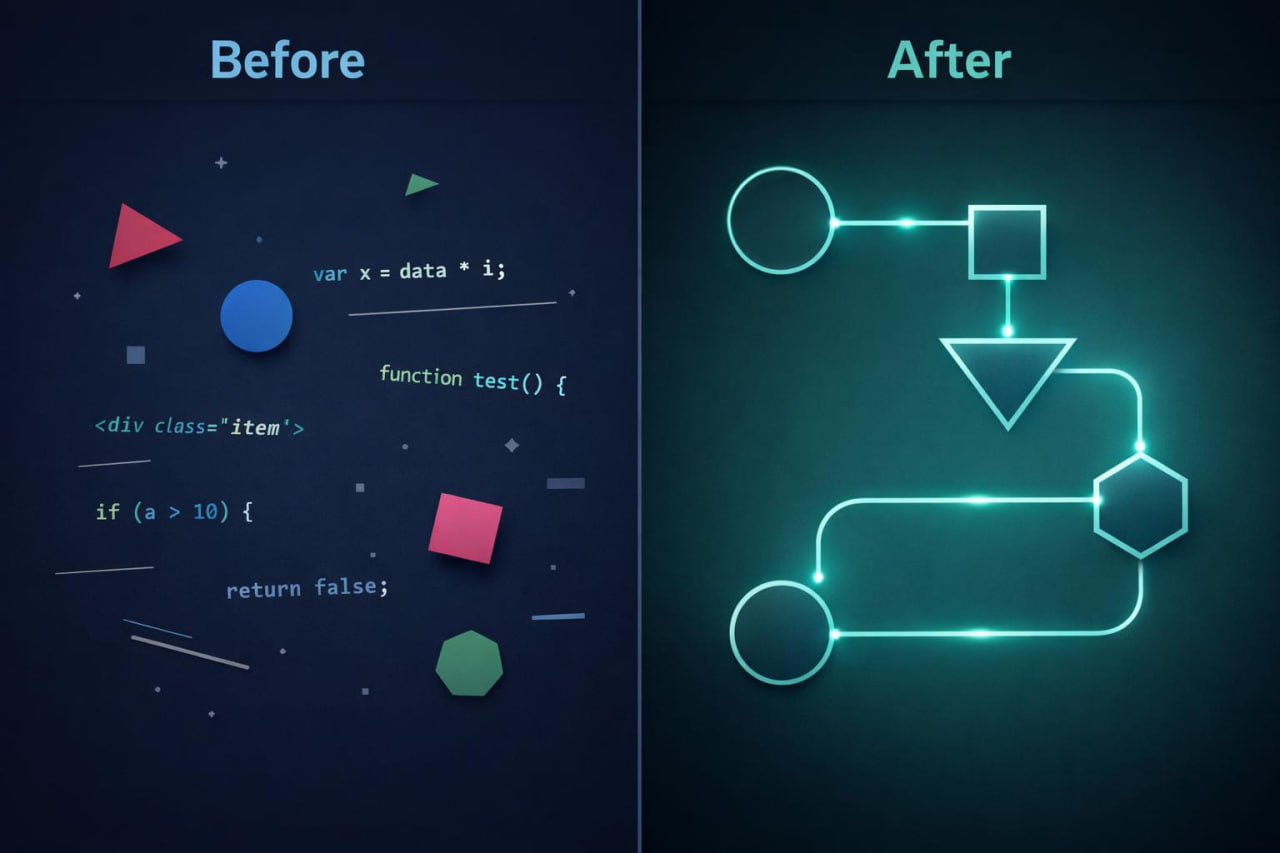 A split-screen graphic labeled 'Before' and 'After' on a dark teal background. The left side shows abstract geometric shapes and small code-like text in pink, blue, green, and white.