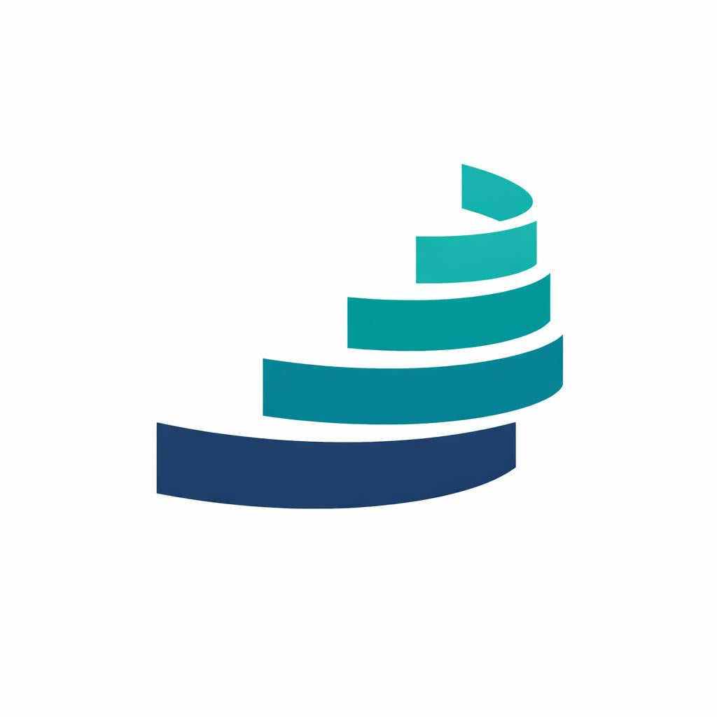 A minimalist abstract logo or icon featuring curved horizontal bands in dark navy blue, teal, and cyan on a plain white background.