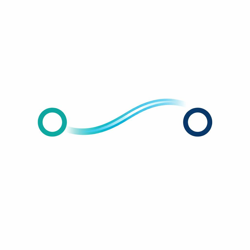 A minimalist abstract logo or graphic on a white background, featuring two circular end points connected by a flowing curved line. The left circle is teal, the center line transitions from light aqua to cyan, and the right circle is dark navy blue.