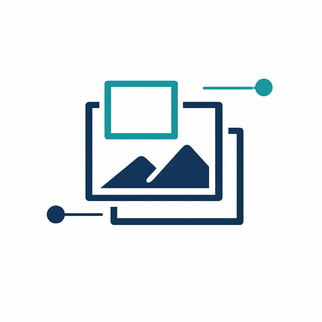 A minimalist vector icon depicting a photo frame with a mountain landscape inside, connected by lines to a teal square and a teal dot on a plain white background.