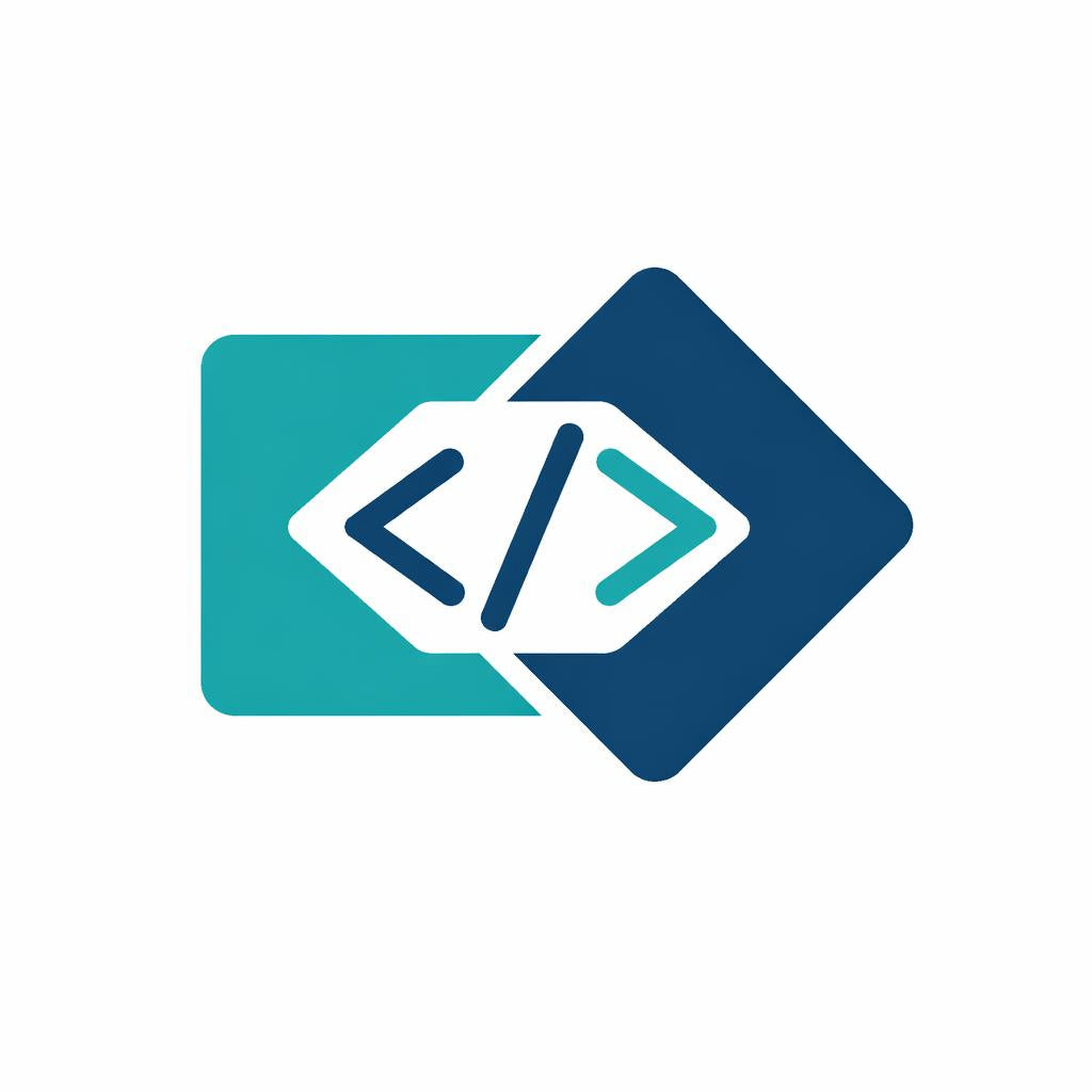 A minimalist digital logo featuring a white stylized code bracket symbol overlaid on two overlapping rounded geometric shapes, one teal and one dark blue, on a plain white background.