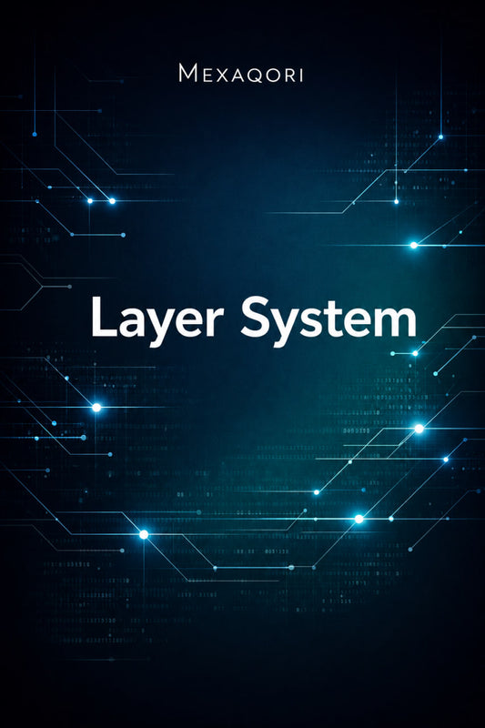 A digital cover design for a 'Layer System' by MEXAQORI, featuring a dark teal and black background with glowing blue circuit board lines and white text.