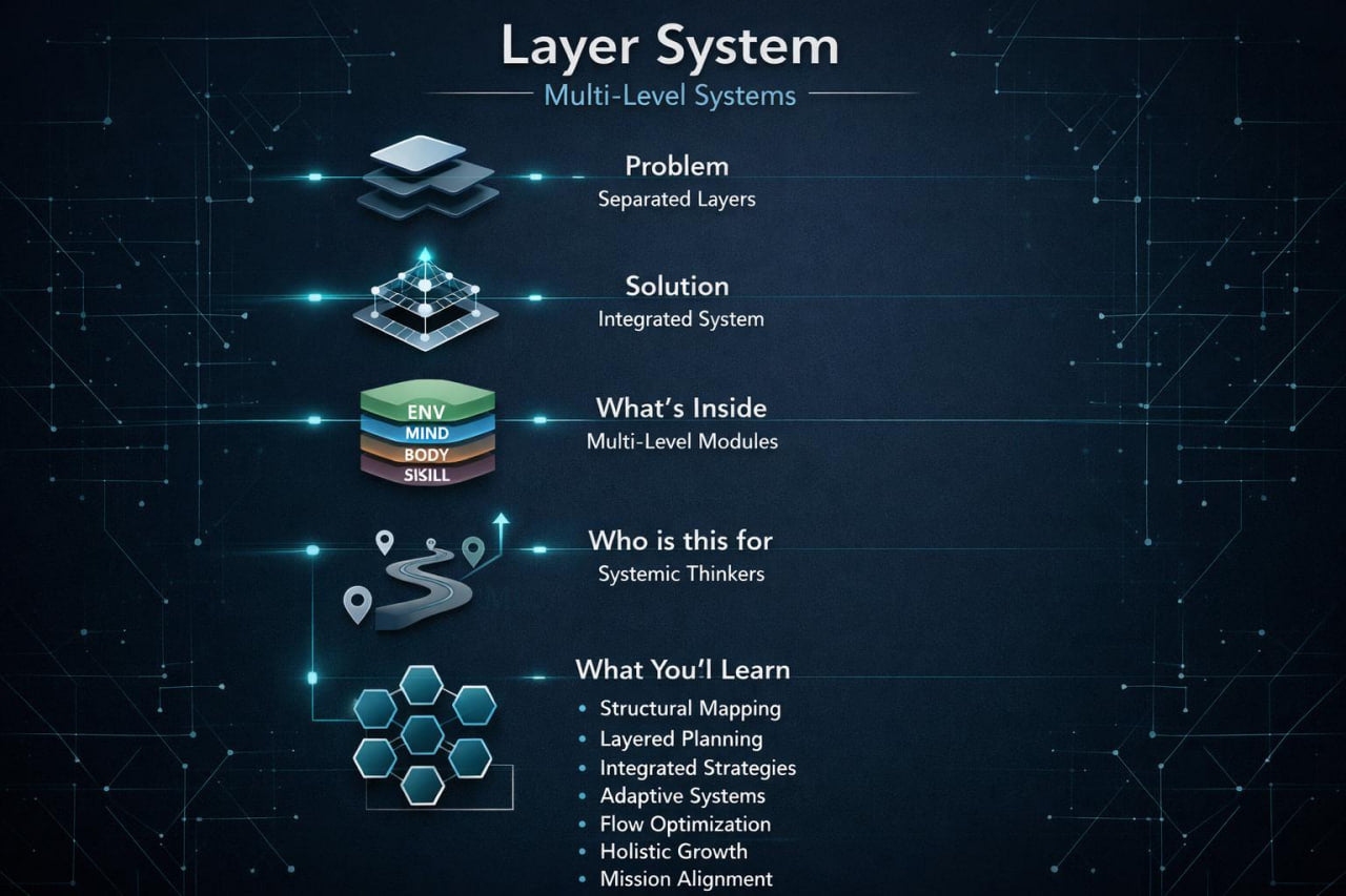 An infographic titled 'Layer System' on a dark blue tech-style background, showing five illustrated layers with labels: Problem, Solution, What's Inside, Who is this for, and What You'll Learn.