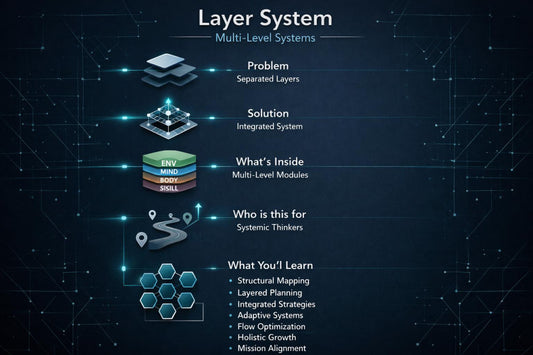 An infographic titled 'Layer System' on a dark blue tech-style background, showing five illustrated layers with labels: Problem, Solution, What's Inside, Who is this for, and What You'll Learn.