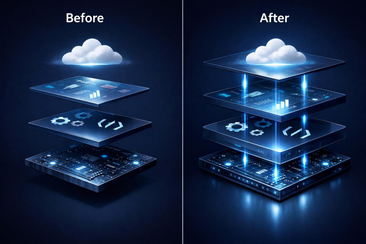 A split comparison graphic labeled 'Before' on the left and 'After' on the right, showing layered technology panels with a glowing cloud icon above each side. The right side appears more illuminated and structured, set against a dark blue background.