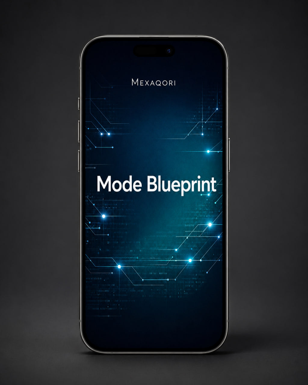 A smartphone centered on a dark gray background, displaying a blue and black tech-style screen with the text 'MEXAQORI' near the top and 'Mode Blueprint' in large white letters across the center.