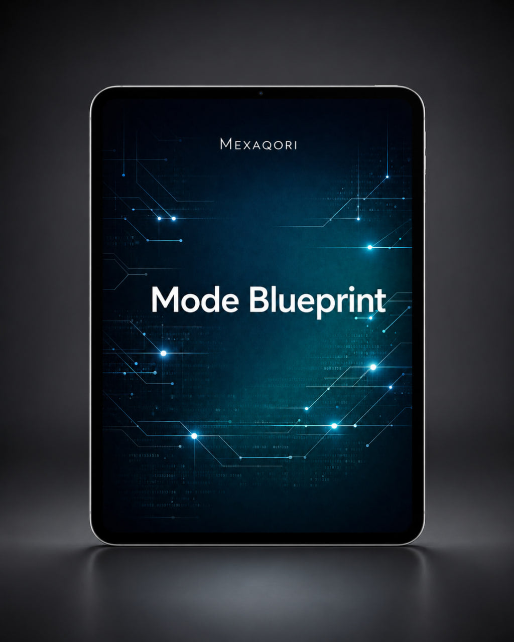 A tablet device centered on a dark studio background, displaying the text 'MEXAQORI' and 'Mode Blueprint' with a glowing blue circuit-like graphic on the screen.