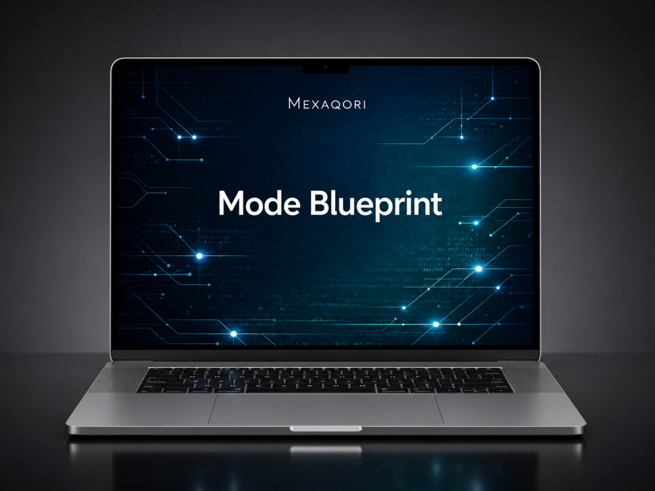 A silver laptop on a dark reflective surface, displaying a blue tech-themed screen with the text 'MEXAQORI' and 'Mode Blueprint'.