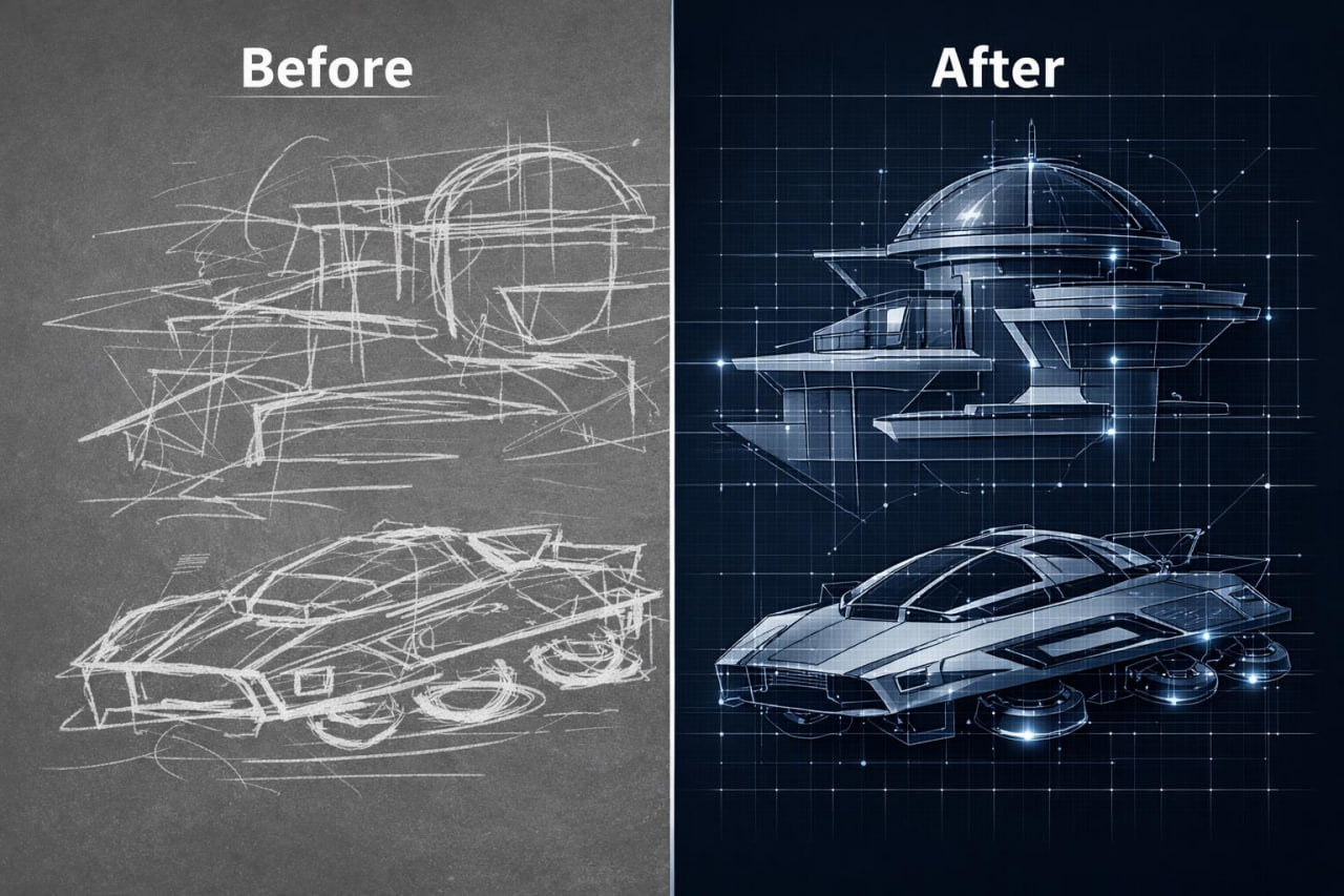 A side-by-side comparison labeled 'Before' and 'After' showing a concept sketch on a dark textured background on the left, and a detailed futuristic vehicle render on a blue grid background on the right.