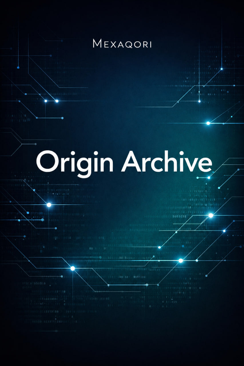 A dark digital cover design with the text 'MEXAQORI' at the top and 'Origin Archive' in large white font across the center, set against a glowing blue circuit-like background.