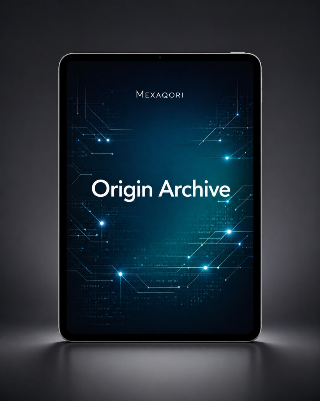 A tablet device centered on a dark studio background, displaying a blue tech-style cover with the text 'MEXAQORI' and 'Origin Archive'.