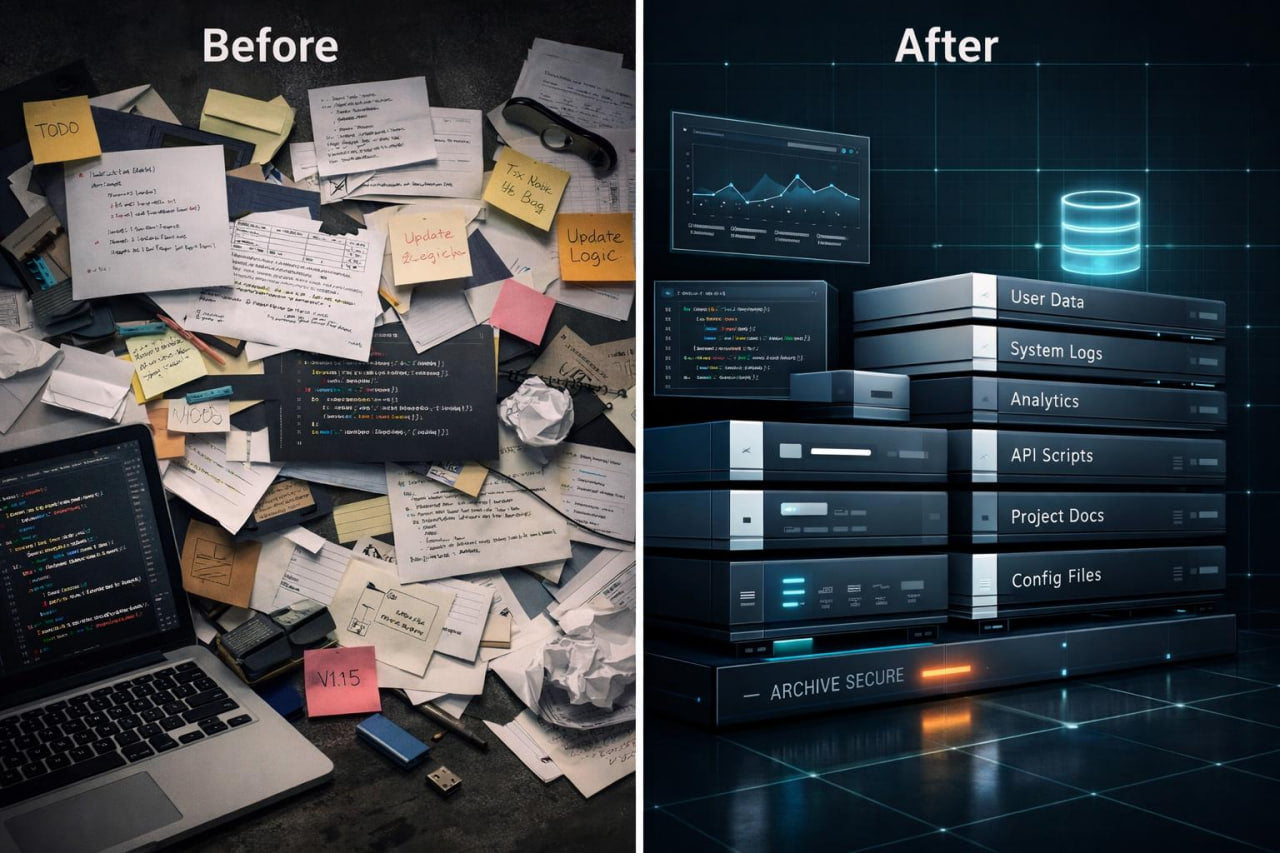 A split-screen comparison labeled 'Before' and 'After.' The left side shows a cluttered desk with papers, sticky notes, a laptop, and eyeglasses.