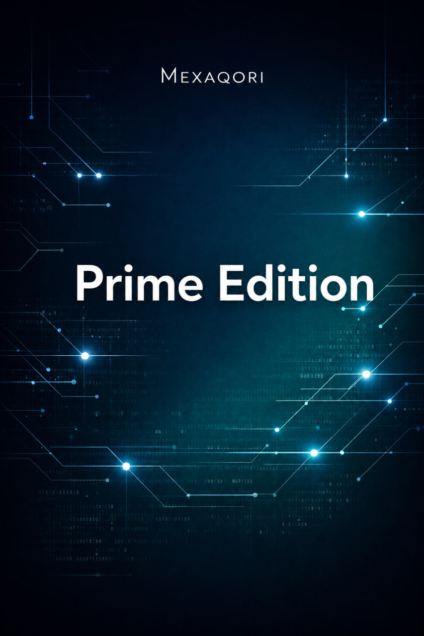 A book cover or digital cover design with the title 'Prime Edition' in large white text over a dark blue background with glowing circuit-like lines and the name 'MEXAQORI' at the top.