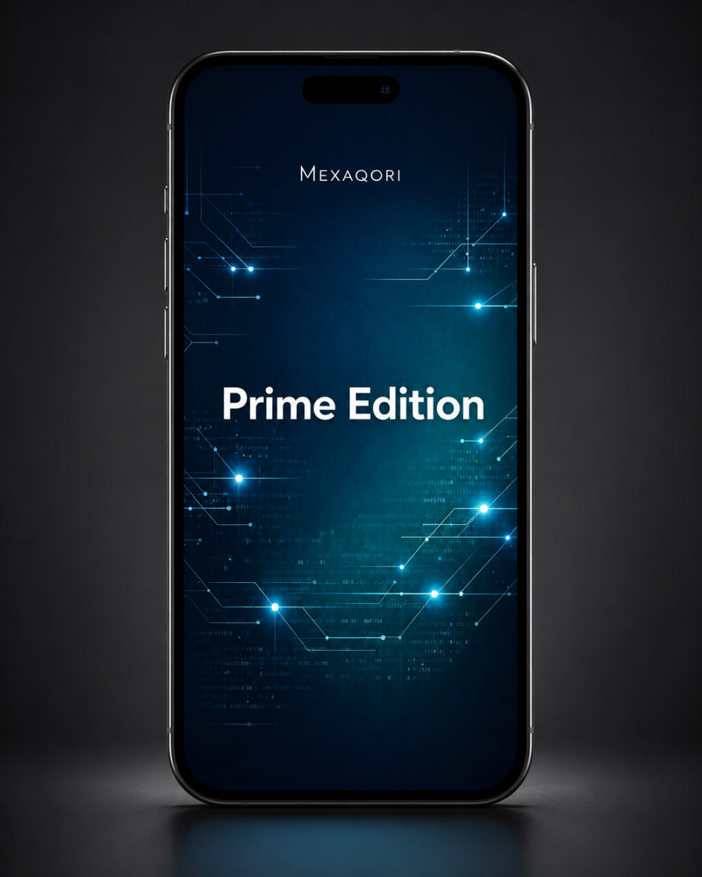 A black smartphone centered on a dark gray background, displaying a blue and black tech-style screen with the text 'MEXAQORI' at the top and 'Prime Edition' in large white letters.