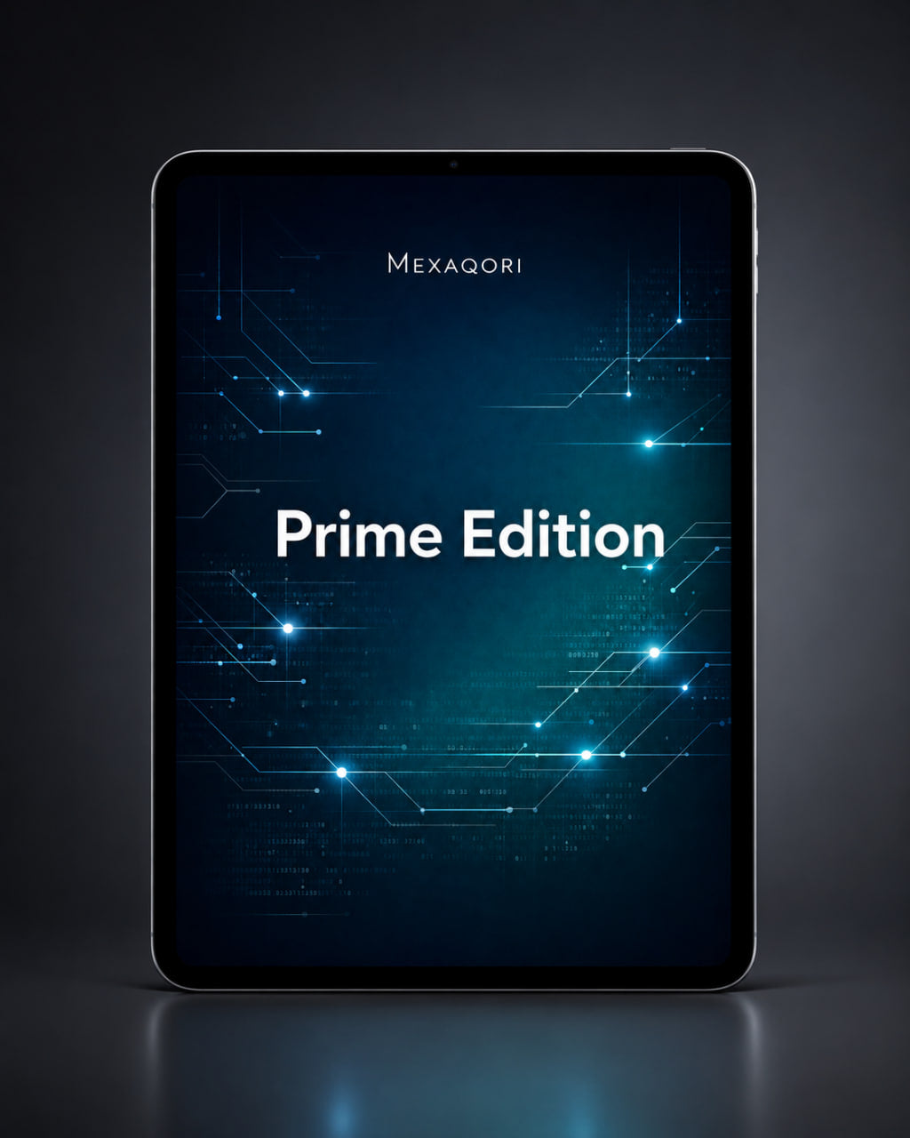 A tablet device shown from the back on a dark studio background, with the screen on and displaying the text 'MEXAQORI Prime Edition' over a glowing blue circuit-style graphic.