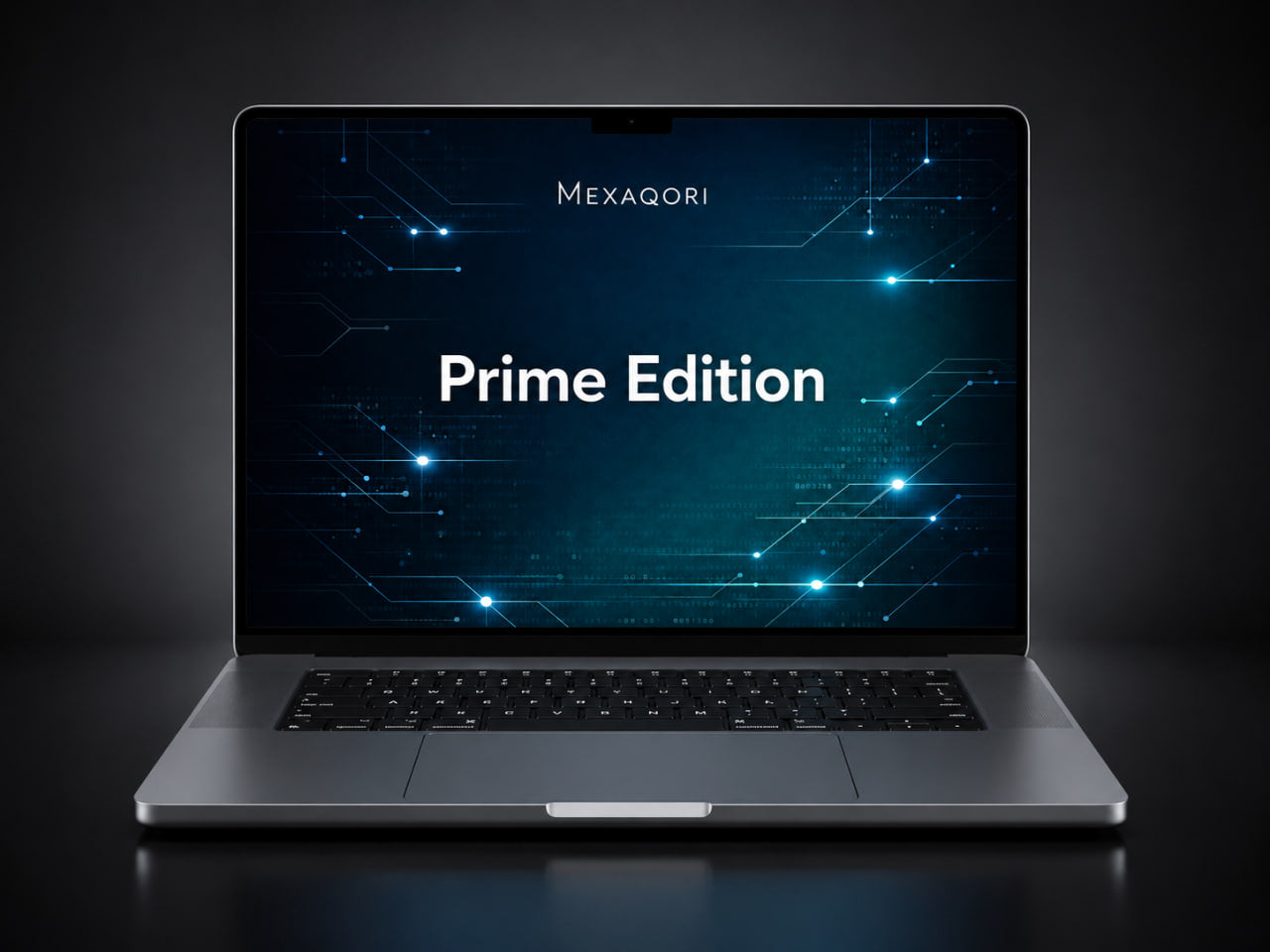 A silver and black laptop shown open on a dark studio background, with the screen displaying the text 'MEXAQORI Prime Edition' over a glowing blue circuit-style graphic.