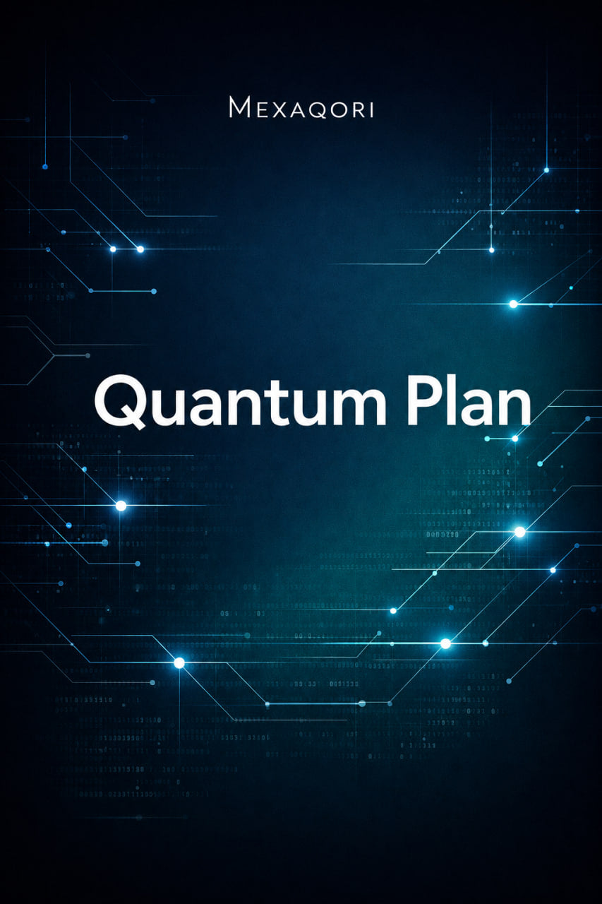 Book cover for 'Quantum Plan' by MEXAQORI, featuring a dark blue and black background with glowing cyan circuit-like lines and white text.