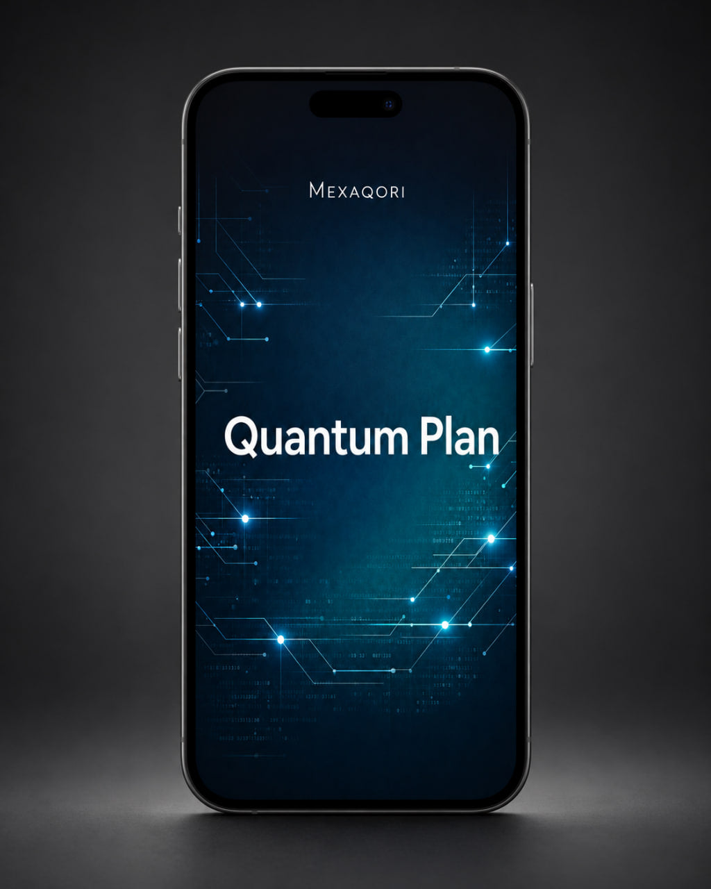 A smartphone centered on a dark gradient background, displaying a blue tech-style screen with circuit-like lines and the text 'MEXAQORI' and 'Quantum Plan'.