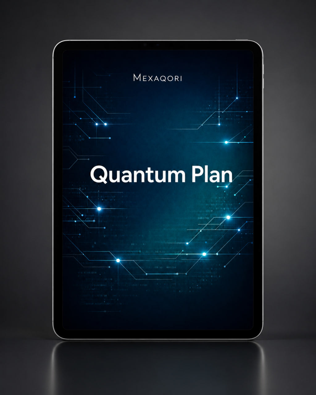 A tablet device centered on a dark gray background, displaying the text 'MEXAQORI' and 'Quantum Plan' in white over a glowing blue circuit-board style graphic.