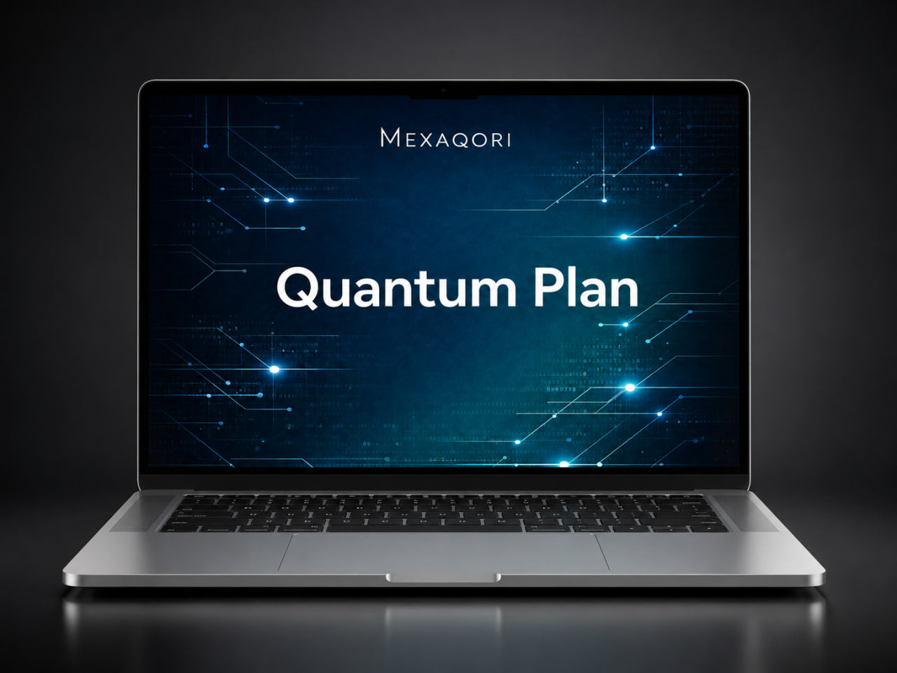 A silver laptop on a dark reflective surface, displaying a blue tech-themed screen with the text 'MEXAQORI' and 'Quantum Plan'.