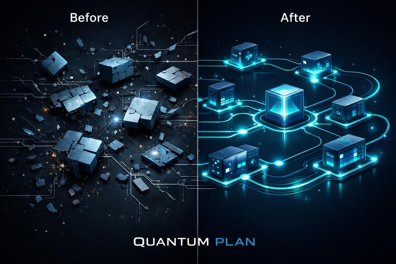 A split before-and-after graphic with the text 'Before' on the left and 'After' on the right, showing a dark futuristic digital scene with fragmented blocks on the left and connected glowing blocks on the right. The words 'QUANTUM PLAN' appear at the bottom.