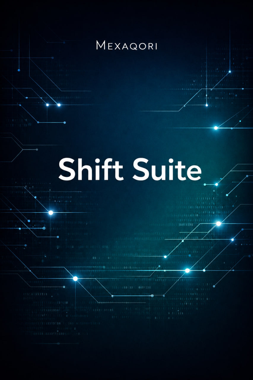 A digital cover design for 'Shift Suite' by MEXAQORI, featuring white text on a dark teal and black background with glowing blue circuit-like nodes and lines.