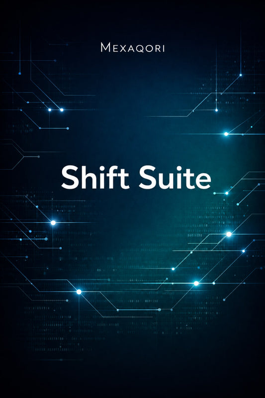 A digital cover design for 'Shift Suite' by MEXAQORI, featuring white text on a dark teal and black background with glowing blue circuit-like nodes and lines.