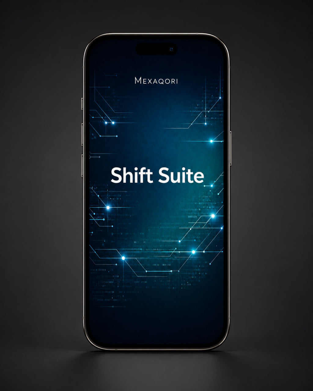 A smartphone centered on a dark studio background, displaying the text 'MEXAQORI' and 'Shift Suite' on a blue tech-themed screen.