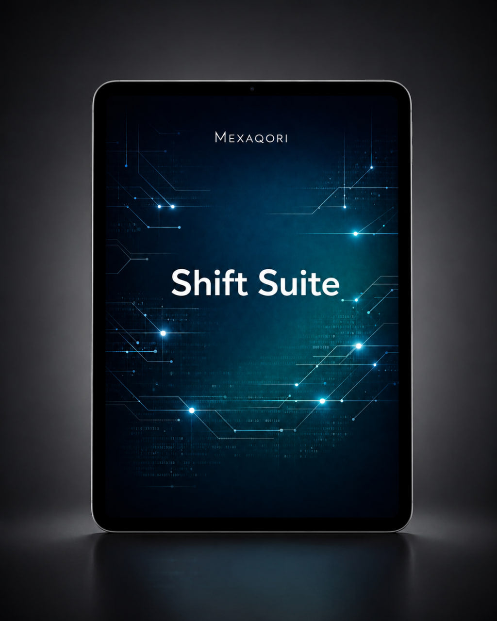 A tablet device centered on a dark studio background, displaying the text 'MEXAQORI' and 'Shift Suite' with a glowing blue circuit-board style graphic on the screen.