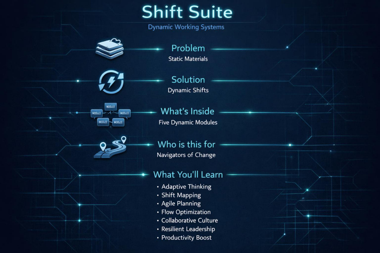 A digital infographic titled 'Shift Suite' on a dark blue tech-themed background with circuit-like lines. It lists sections: Problem, Solution, What's Inside, Who is this for, and What You'll Learn, each with an icon and brief text.
