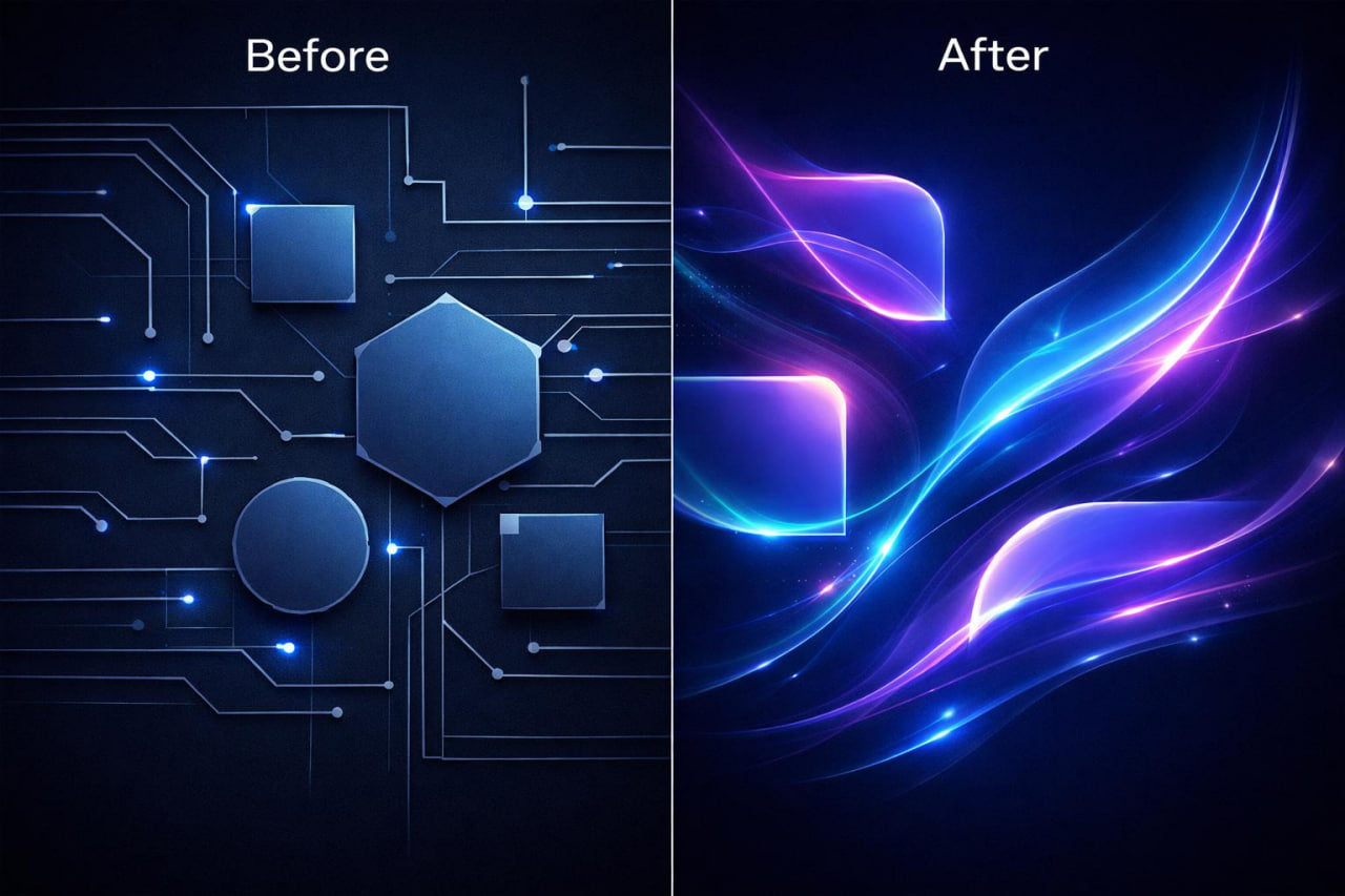 A split-screen comparison labeled 'Before' and 'After' on a dark background. The left side shows a blue circuit-board style graphic with geometric shapes.