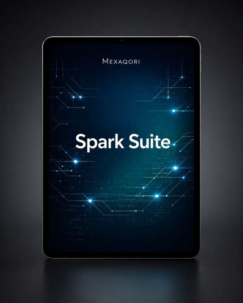 A tablet device centered on a dark studio background, displaying the text 'MEXAQORI' and 'Spark Suite' on a glowing blue tech-themed screen.